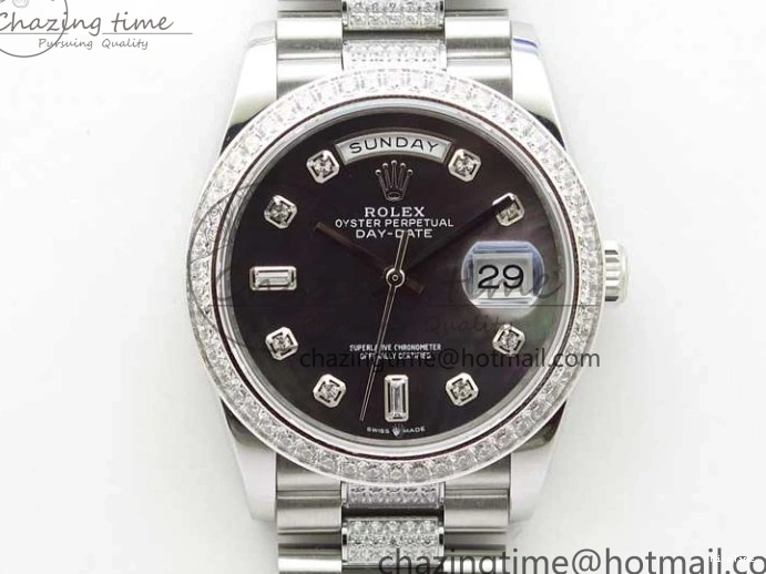 MiroTime 0309 SmoothTexture Day-Date 36mm 128239 SS Crystal BP Best Edition Black MOP Crystal Marker Dial on SS President Bracelet A 2681